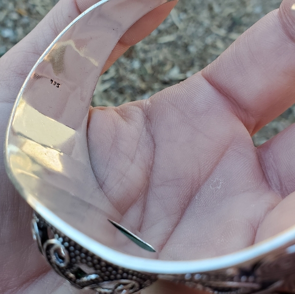 New Carved Goddess Face Green Quartz 925 Silver Cuff Bracelet. - Picture 7 of 16